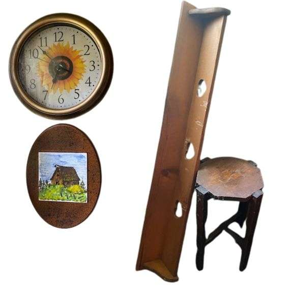 LOT Antique Wooden Side Table Vtg Wall Shelf Hooks Sunflower Clock