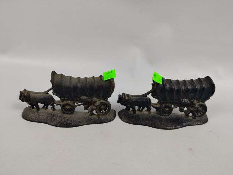 Antique Set of 2 Metal Covered Wagon Bookends
