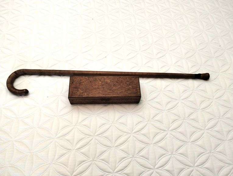 Antique Flemish Art Wooden Pyrography Rose Floral Painted Carved Box & Cane