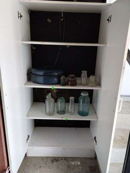 White Cabinet + Blue Ball Jar Insulators Roasting Pan+