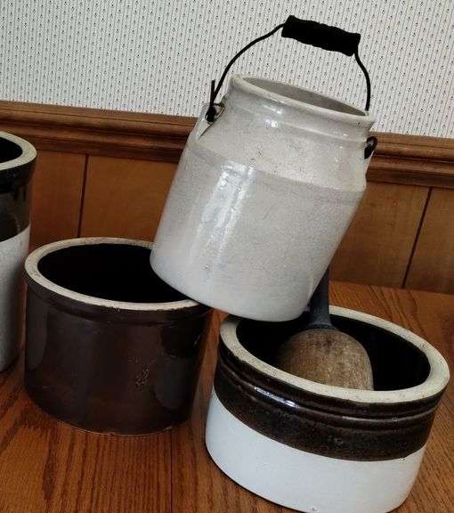 LOT Vintage Crocks Utility Stoneware Bowls Eskey Dairy Company