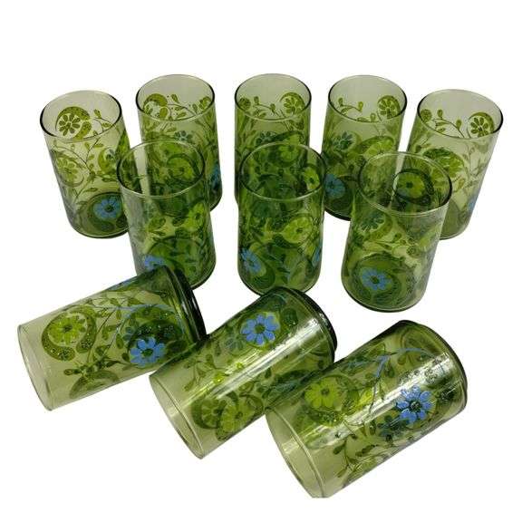 MCM Vintage Glasses 11 CT Avocado Green Blue Floral