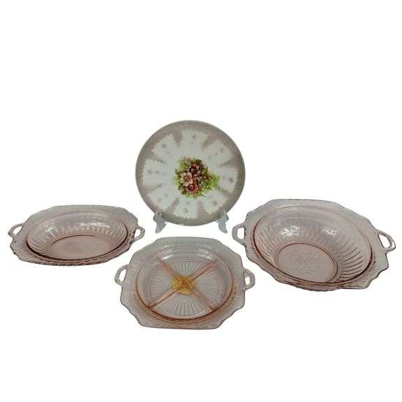 Antique Pink Depression Era Dish Set of 3 + plate