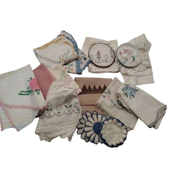 Lot Antique Embroidery Crochet Table Scarves Doilies