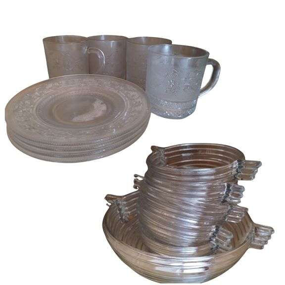 Anchor Hocking Manhattan Art Deco Bowl Set + Cups Saucers