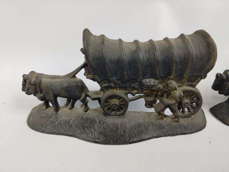 Antique Set of 2 Metal Covered Wagon Bookends