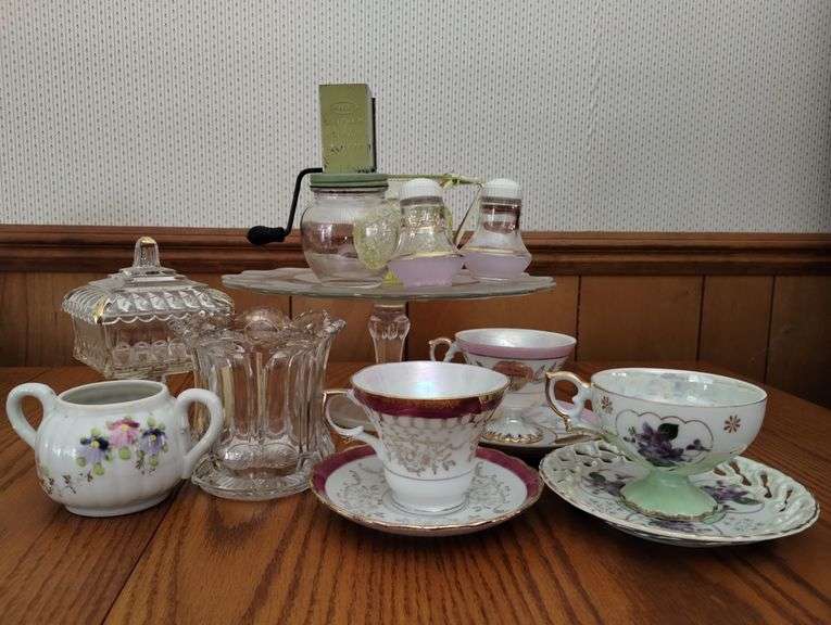 Pickers Lot Vintage Antique Glass China Tea Cups Spice Grinder