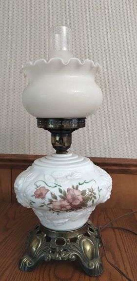 Phoniex Table Electric Oil Lamp Style Table Milk Glass Wild Rose GWTW-ish