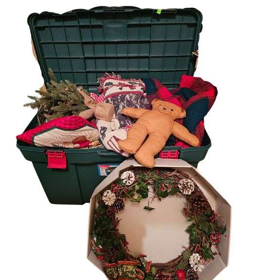 Bin with Christmas Decor Santa Wreath Throws