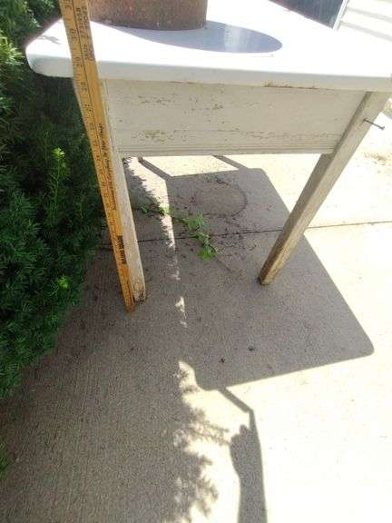 Vintage Table Metal Tabletop Wooden Legs + Rusty Potato Chip Can