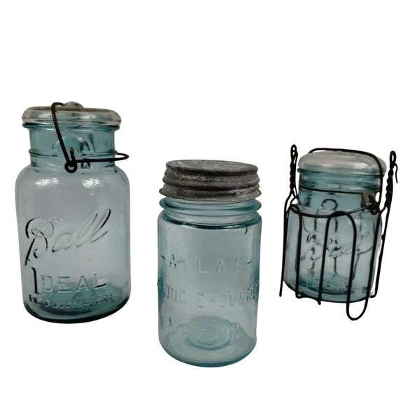 LOT 3 Antique Blue Ball Jars