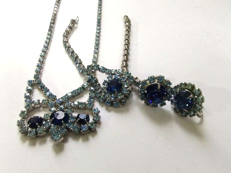 Vintage Costume Jewelry Sapphire Rhinestone Necklace Bracelet Earrings