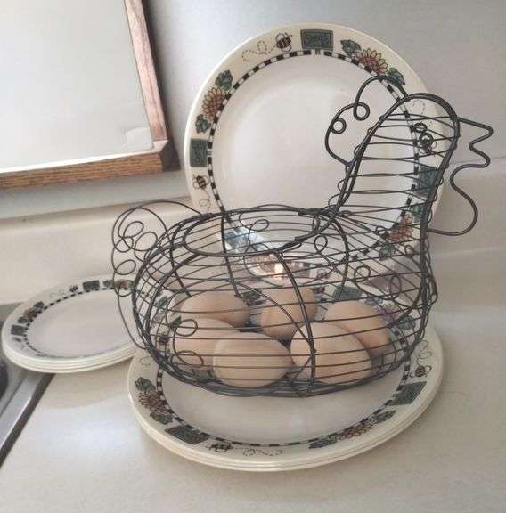 LOT of Corelle Sunflower Dishes & Metal Hen Egg Basket