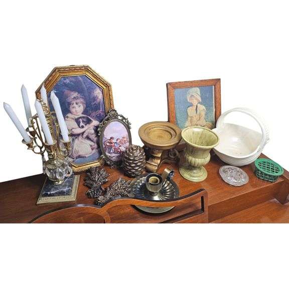 Decor Lot Ornate Gold Frame Prints Candlestick Ceramic Baskets Planter +