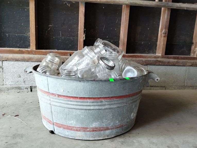 Large Galvanized Metal Tub Wood Handle Red Striped Clear Canning Jars