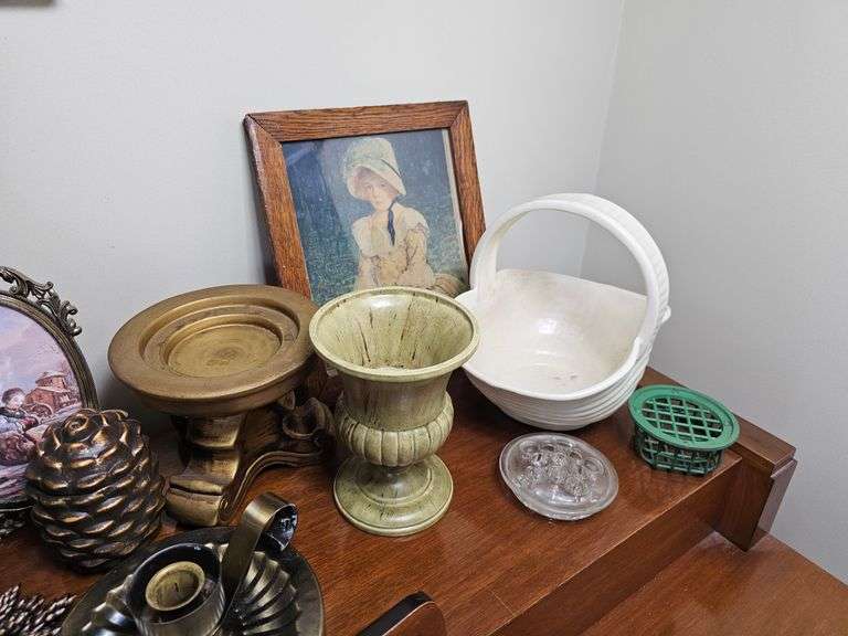 Decor Lot Ornate Gold Frame Prints Candlestick Ceramic Baskets Planter +