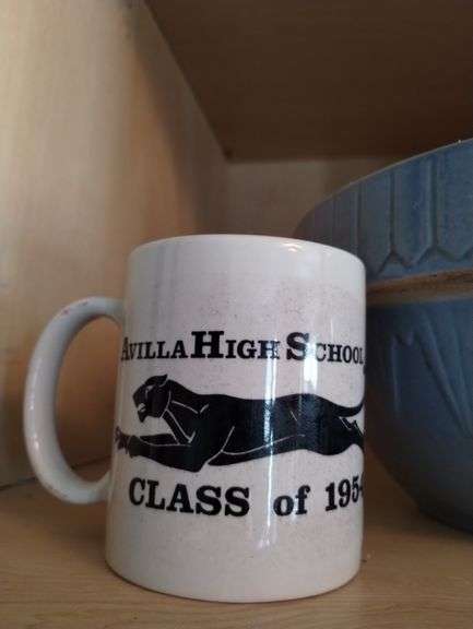 Pottery Mixing Bowls Blue Brown Glazed + Avilla HS 1950s Mugs