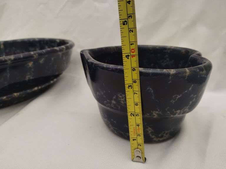 3pc Bennington Studio Pottery Blue Spongeware Heart Shape Plate Bowl ...