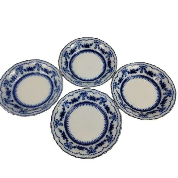 Antique Flow Glass Plates Blue Ornate Glenwood Johnson Bros. England