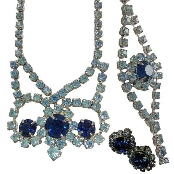 Vintage Costume Jewelry Sapphire Rhinestone Necklace Bracelet Earrings
