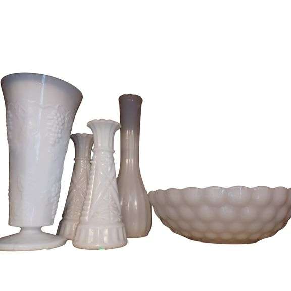 LOT Vintage Milk Glass Vases Bowl