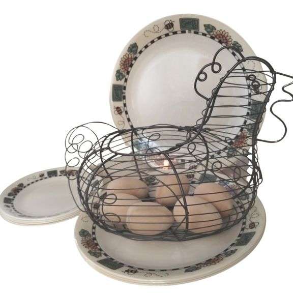 LOT of Corelle Sunflower Dishes & Metal Hen Egg Basket
