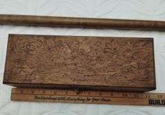 Antique Flemish Art Wooden Pyrography Rose Floral Painted Carved Box & Cane