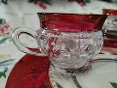 2 Vintage Snack Sets Glass Party Plates Cups Ruby Thumbprint Flash