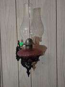 Antique Pink Glass Oil Lamp Cast Iron Wall Bracket Swing Arm Holder