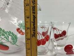 MCM Clear Glass Pitcher W/Cherries & 8 Juice Glasses