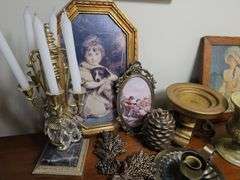 Decor Lot Ornate Gold Frame Prints Candlestick Ceramic Baskets Planter +