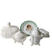 Vintage Milk Glass Dishes & Carlsbad Austria Plate Green Rim Young Girl