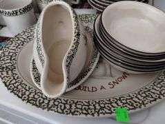 Vintage Christmas Snowman Stoneware Dish Set & Corelle Bowls