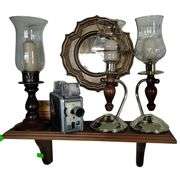 Vintage Kodak Brownie Camera + Wood Brass Candlesticks + Shelf