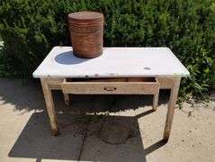 Vintage Table Metal Tabletop Wooden Legs + Rusty Potato Chip Can