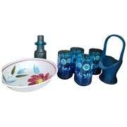 Mid Century Blue Floral Tumblers Westmoreland Satin Basket Lot