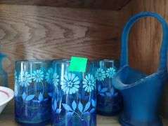 Mid Century Blue Floral Tumblers Westmoreland Satin Basket Lot