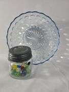 Bright Blue Glass Bowl & Jar of Marbles Unsorted