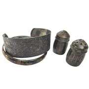 Sterling Hinge Bracelet & Salt Peppers + Unmarked Engraved Cuff