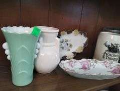 Pickers LOT: Vintage Vases Dish Milk Glass Polychrome Jars