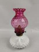 Antique Ruby Glass Milk Hobnail Oil Lamp Fenton? Thumbprint