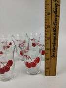 MCM Clear Glass Pitcher W/Cherries & 8 Juice Glasses