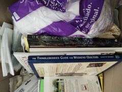 LOT Medium Box Quilting Supplies Crafting Books Polyfill Fabric