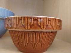 Pottery Mixing Bowls Blue Brown Glazed + Avilla HS 1950s Mugs
