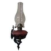 Antique Pink Glass Oil Lamp Cast Iron Wall Bracket Swing Arm Holder