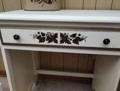 French Provincial Desk Cream Gold Tone Painted + Metal Trash Can