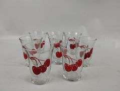 MCM Clear Glass Pitcher W/Cherries & 8 Juice Glasses