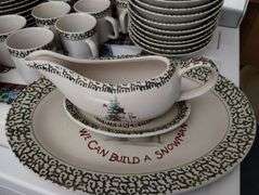 Vintage Christmas Snowman Stoneware Dish Set & Corelle Bowls