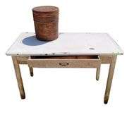 Vintage Table Metal Tabletop Wooden Legs + Rusty Potato Chip Can
