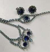 Vintage Costume Jewelry Sapphire Rhinestone Necklace Bracelet Earrings